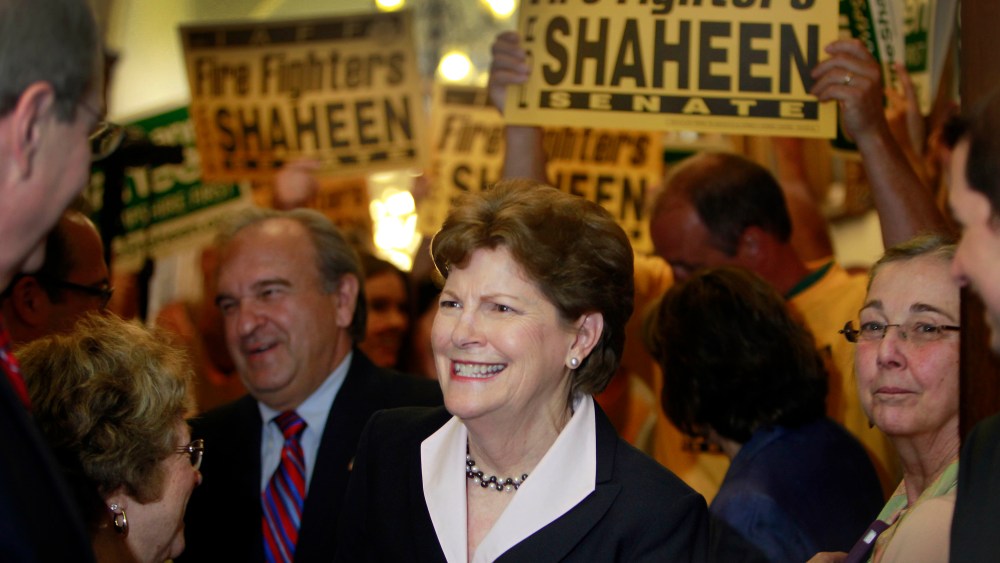 U.S. Sen. Jeanne Shaheen (D-N.H.) is surrounded by supporters as she arrives at the Secretary of State's office in Concord, N.H. to file her campaign paperwork to seek re-election, June 9, 2014.