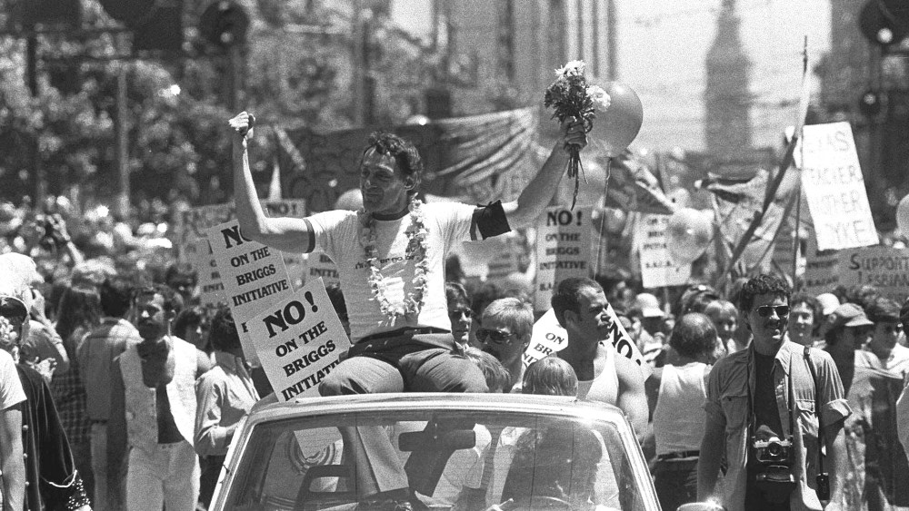 Then San Francisco Supervisor Harvey Milk is seen in San Francisco's seventh annual Gay Freedom parade, June 26, 1978.