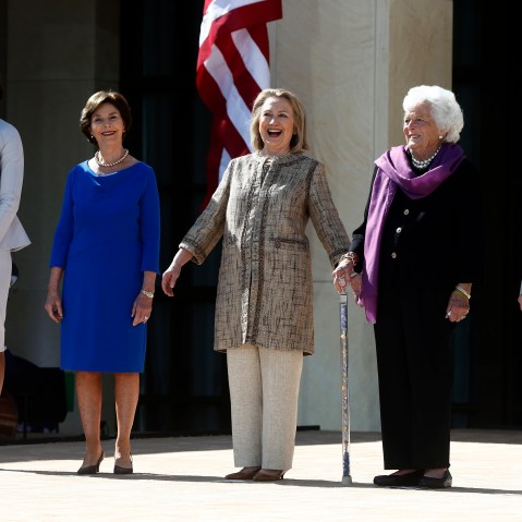 First lady Michelle Obama, left, stands with, from second from left, former first ladies: Laura Bush; Hillary Rodham Clinton; Barbara Bush; and Rosalynn Carter; at the dedication of the George W. Bush presidential library on the campus of Southern...