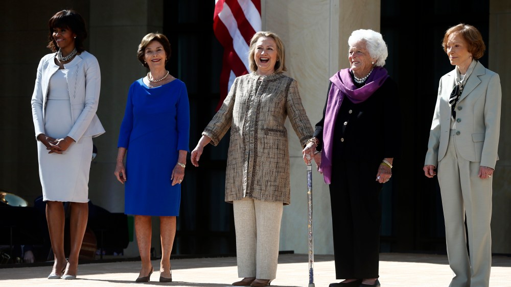 First lady Michelle Obama, left, stands with, from second from left, former first ladies: Laura Bush; Hillary Rodham Clinton; Barbara Bush; and Rosalynn Carter; at the dedication of the George W. Bush presidential library on the campus of Southern...