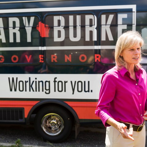Wisconsin democratic gubernatorial candidate Mary Burke is interviewed by Wisconsin Public Television on July 24, 2014, in Janesville, Wis.