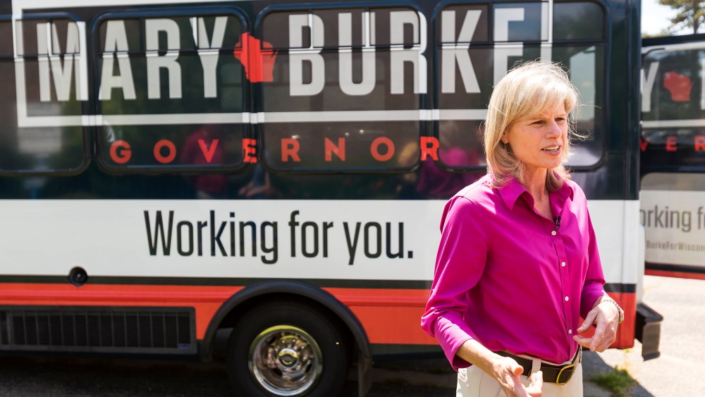 Wisconsin democratic gubernatorial candidate Mary Burke is interviewed by Wisconsin Public Television on July 24, 2014, in Janesville, Wis.