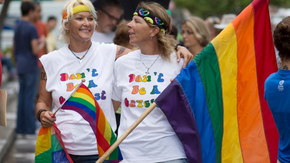 Kimmy Denny and her partner, Barb Lawrence at the court hearing on gay marriage in Miami, Fla. on July 2, 2014. (J Pat Carter/AP)