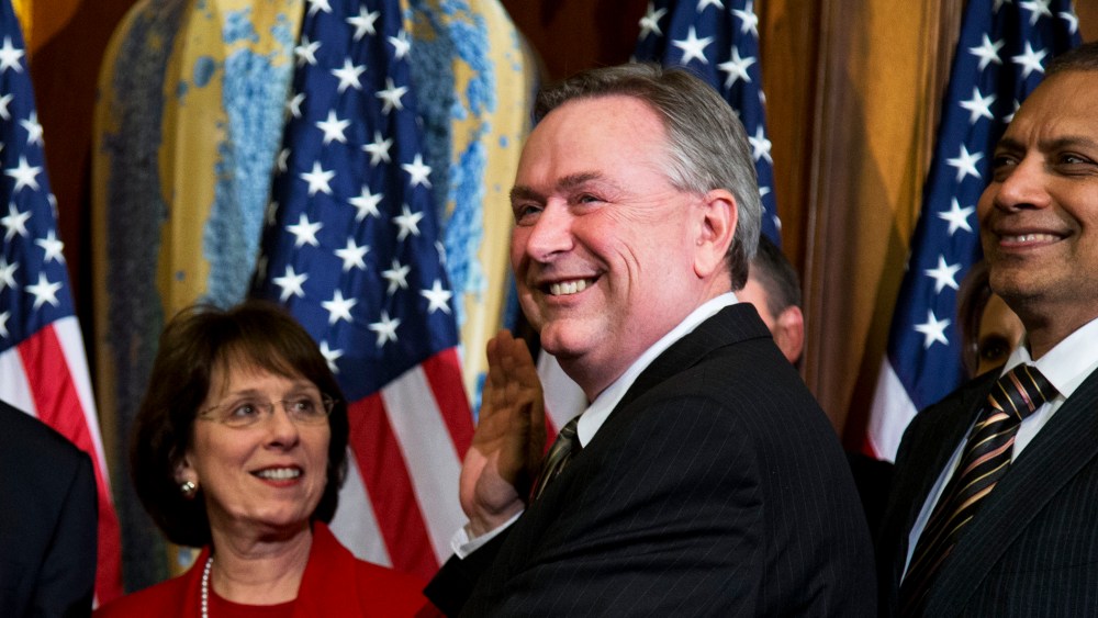 Rep. Steve Stockman, R-Texas, second from right, participates in a mock swearing-in ceremony for the 113th Congress on in Washington, Jan. 3. 2013.