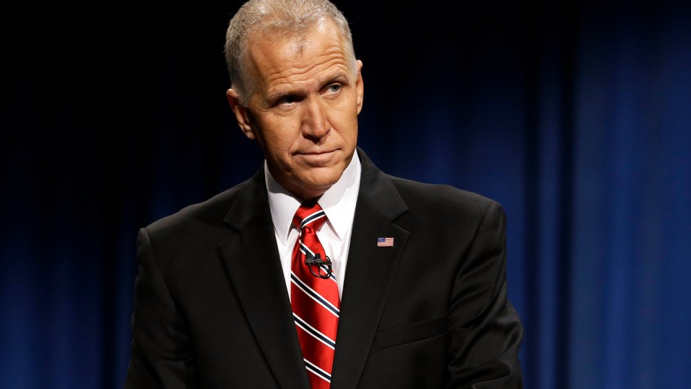 North Carolina Republican Senate candidate Thom Tillis pauses while participating in debate with Sen. Kay Hagan, D-N.C. in Research Triangle Park, N.C., on Oct. 7, 2014. (Photo by Gerry Broome/Pool/AP)