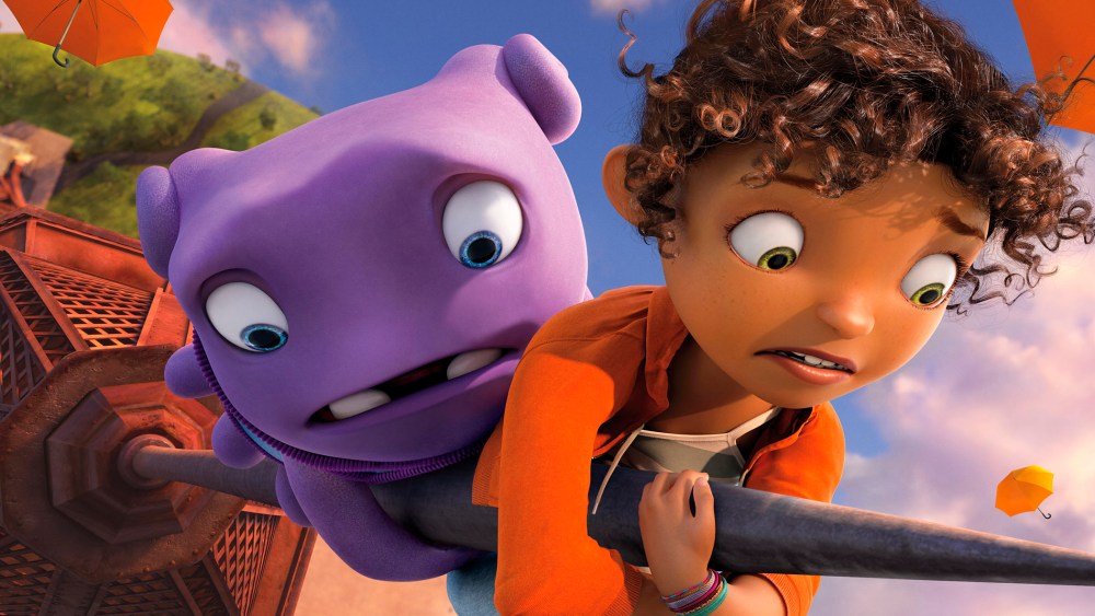 This photo released by DreamWorks Animation shows Oh, left, (voiced by Jim Parsons) and Tip (voiced by Rihanna) in DreamWorks Animation's "Home."