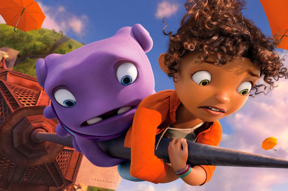 This photo released by DreamWorks Animation shows Oh, left, (voiced by Jim Parsons) and Tip (voiced by Rihanna) in DreamWorks Animation's "Home."