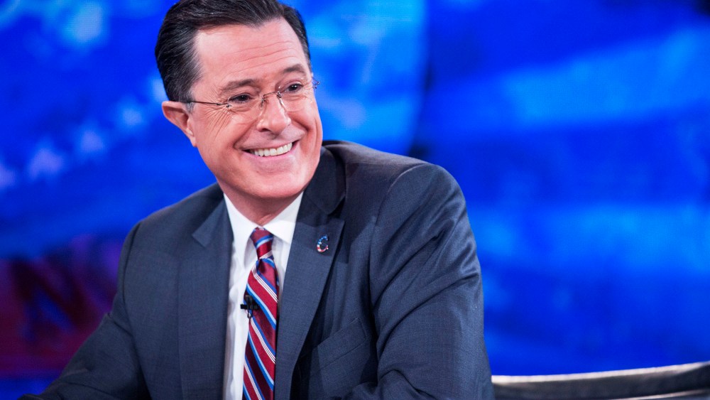 Television personality Stephen Colbert smiles while taping the "The Colbert Report" on Dec. 8, 2014. (Andrew Harrer/picture-alliance/DPA/Pool via CNP/AP)