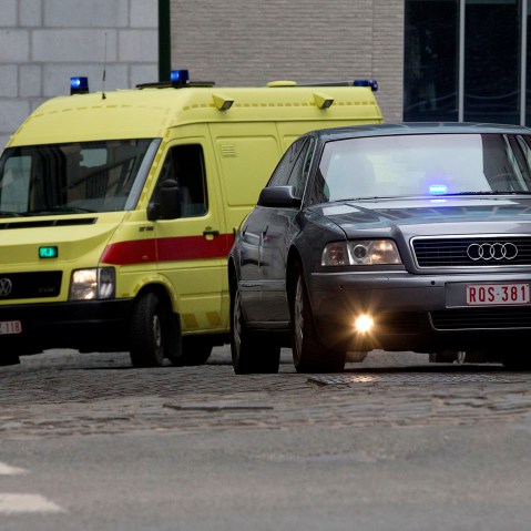 An police convoy thought to be carrying captured fugitive Salah Abdeslam leaves the federal police headquarters in Brussels, Belgium, March 19, 2016. (Photo by Peter Dejong/AP)