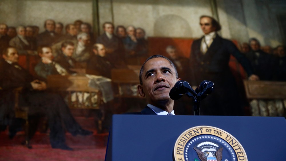 President Barack Obama speaks at Boston's historic Faneuil Hall about the federal health care law, Wednesday, Oct. 30, 2013.