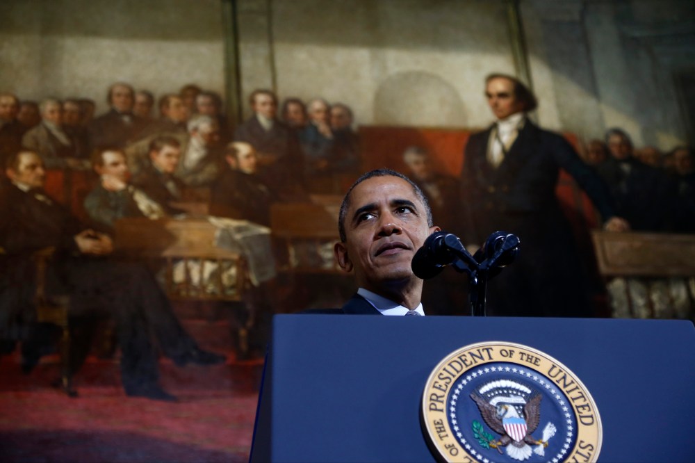 President Barack Obama speaks at Boston's historic Faneuil Hall about the federal health care law, Wednesday, Oct. 30, 2013.