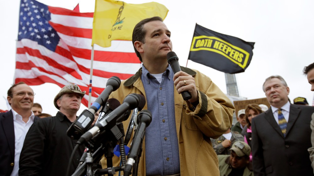 Tea Party Sen. Ted Cruz speaks at a rally at the World War II Memorial on the National Mall in Washington Sunday, Oct. 13, 2013.
