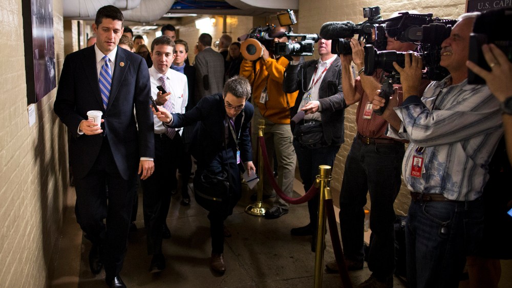 House Budget Committee chairman Rep. Paul Ryan walks to a House GOP meeting on Capitol Hill on Oct. 15, 2013 in Washington.