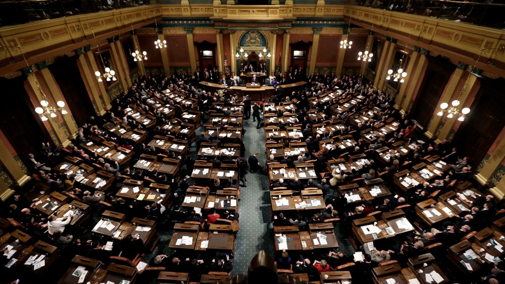 Michigan Gov. Rick Snyder delivers his third annual State of the State address to a joint session of the state Legislature in the Capitol, on Jan. 16, 2013.