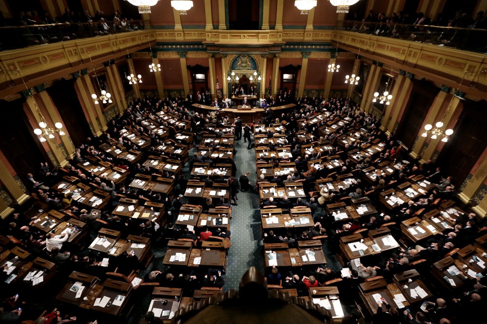 Michigan Gov. Rick Snyder delivers his third annual State of the State address to a joint session of the state Legislature in the Capitol, on Jan. 16, 2013.