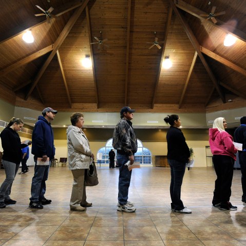 Voters line up to cast ballots in the general election, Nov. 6, 2012, in Bethlehem, Ga.