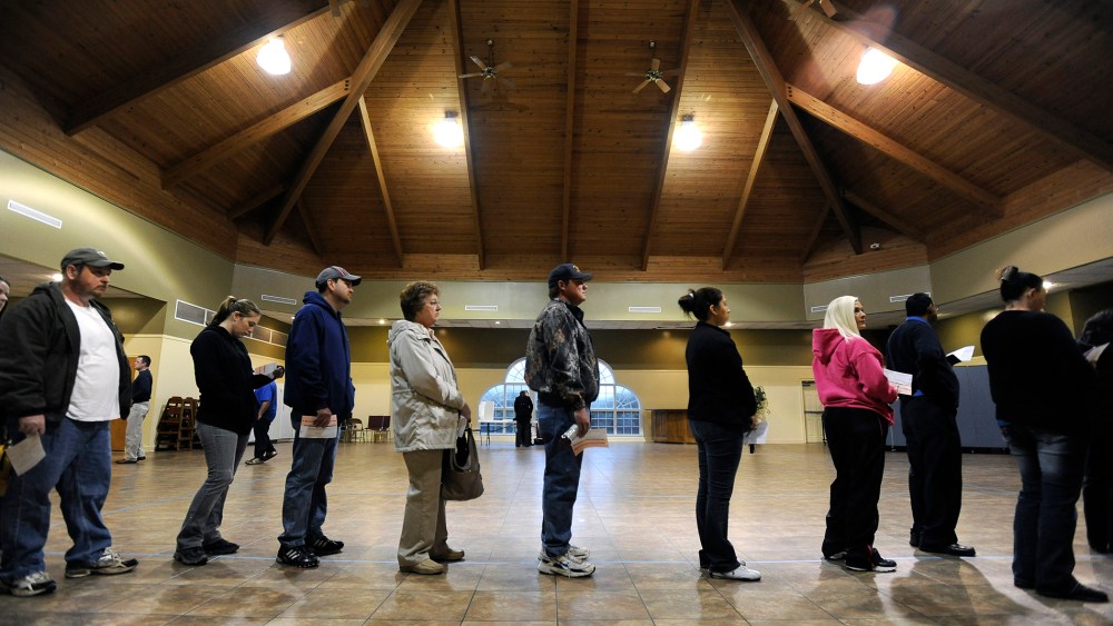Voters line up to cast ballots in the general election, Nov. 6, 2012, in Bethlehem, Ga.