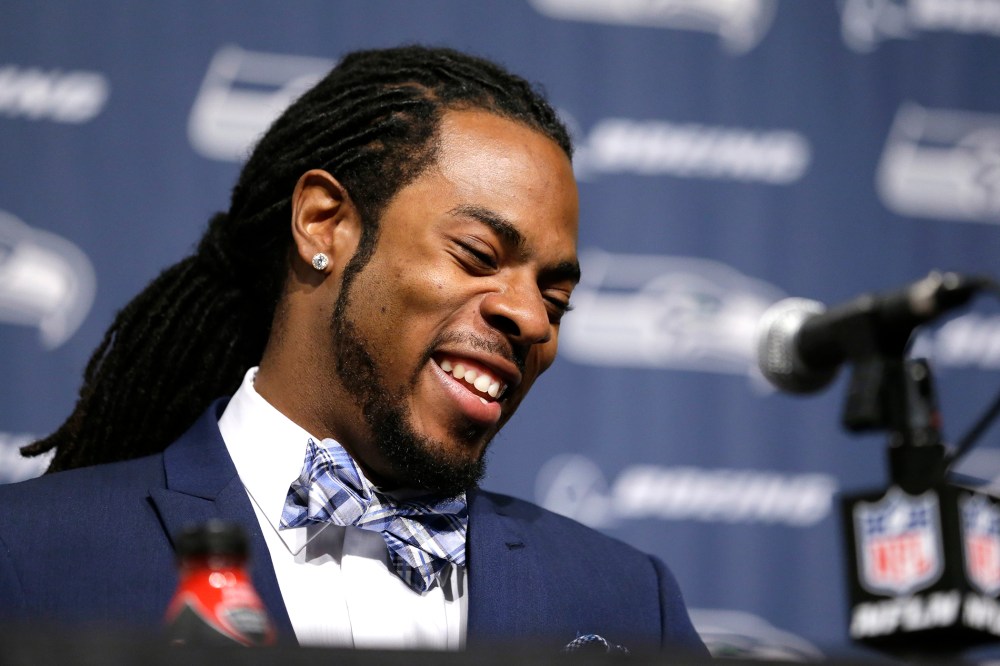 Seattle Seahawks' Richard Sherman speaks during a news conference, May 7, 2014, at the team's headquarters in Renton, Wash.