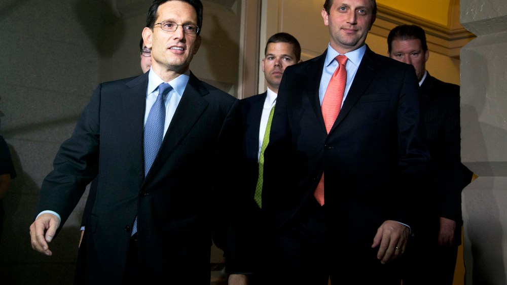 House Majority Leader Eric Cantor arrives for a meeting in Washington, DC., Oct. 16, 2013.