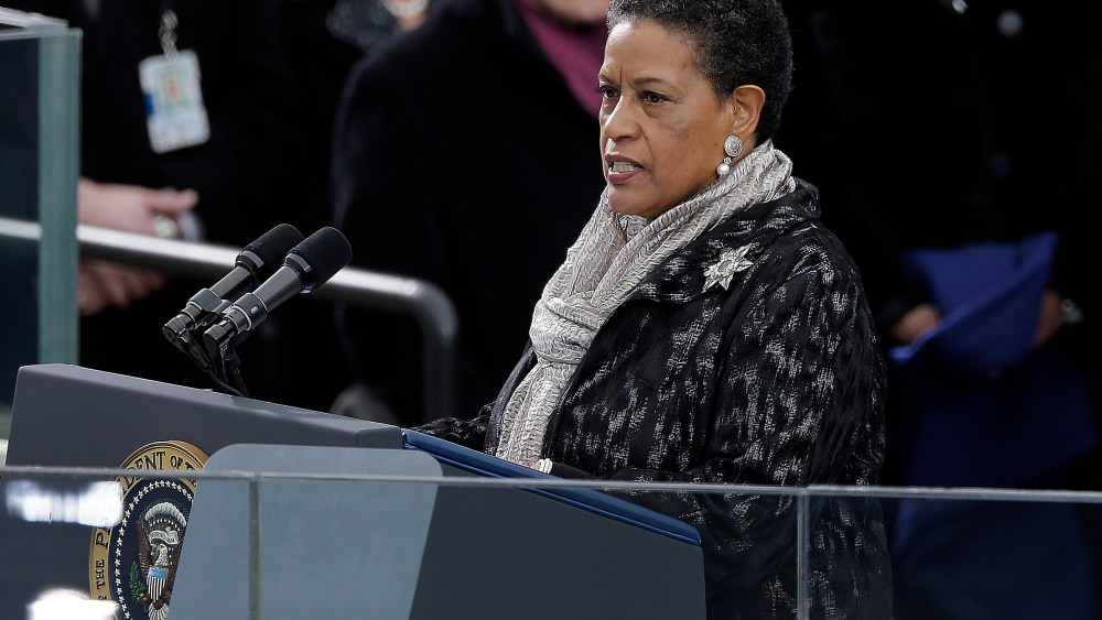 Myrlie Evers-Williams delivers the invocation at the ceremonial swearing-in for President Barack Obama at the U.S. Capitol during the 57th Presidential Inauguration in Washington, Monday, Jan. 21, 2013. (AP Photo/Carolyn Kaster)