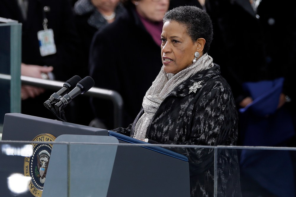 Myrlie Evers-Williams delivers the invocation at the ceremonial swearing-in for President Barack Obama at the U.S. Capitol during the 57th Presidential Inauguration in Washington, Monday, Jan. 21, 2013. (AP Photo/Carolyn Kaster)
