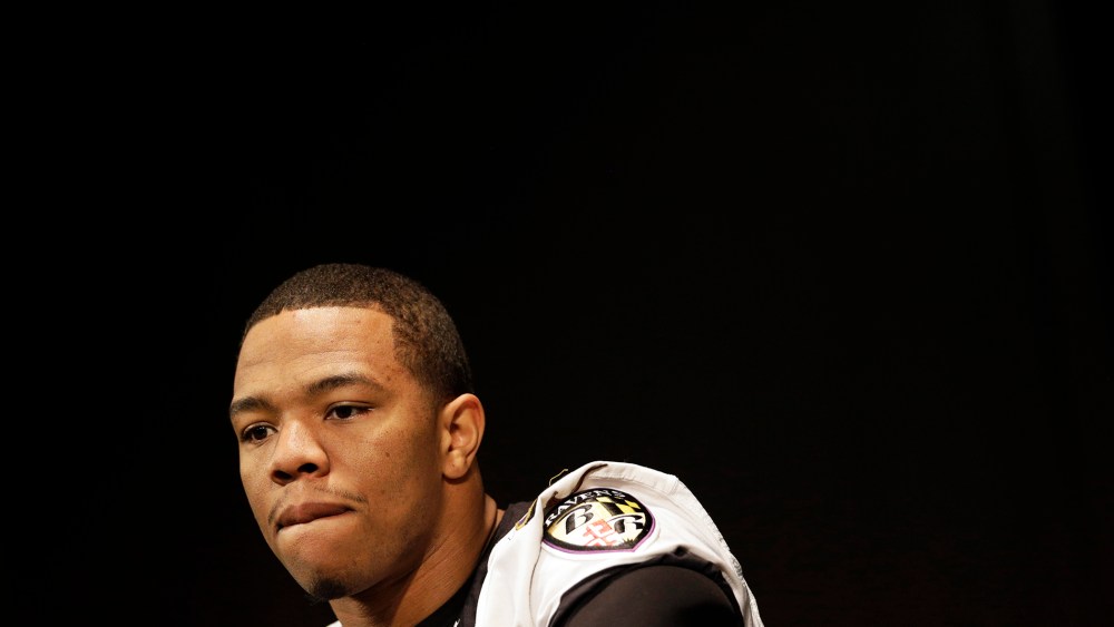 Baltimore Ravens running back Ray Rice speaks at an NFL football news conference at the team's practice facility in Owings Mills, Md., Jan. 24, 2013.