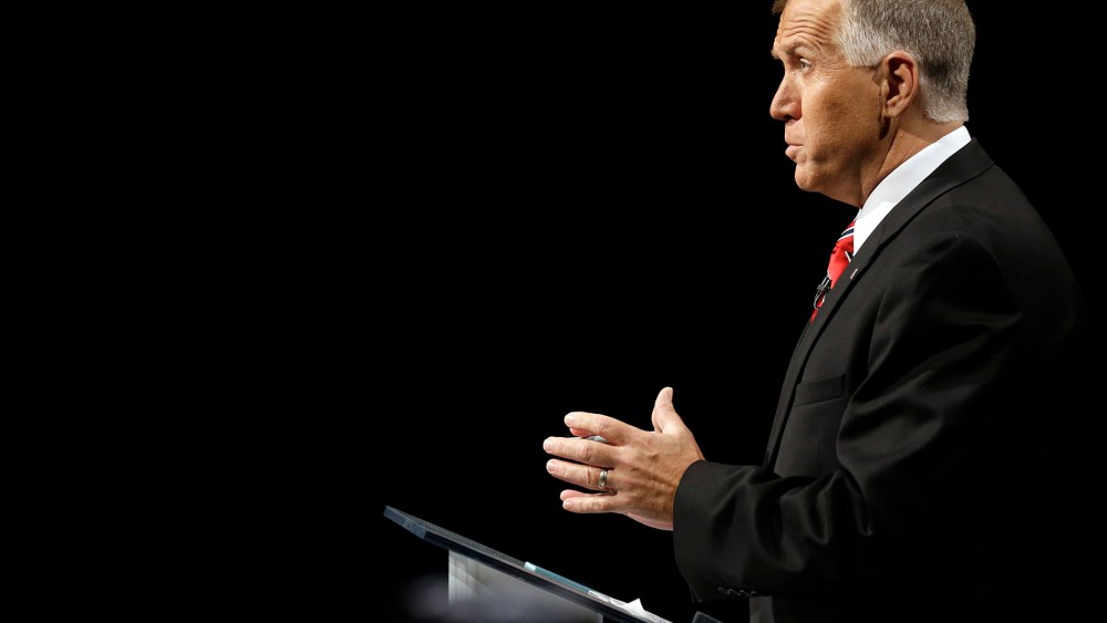 North Carolina Republican Senate candidate Thom Tillis speaks during a debate with Sen. Kay Hagan, D-N.C. at UNC-TV studios in Research Triangle Park, N.C. on Oct. 7, 2014. (Photo by Gerry Broome/Pool/AP)