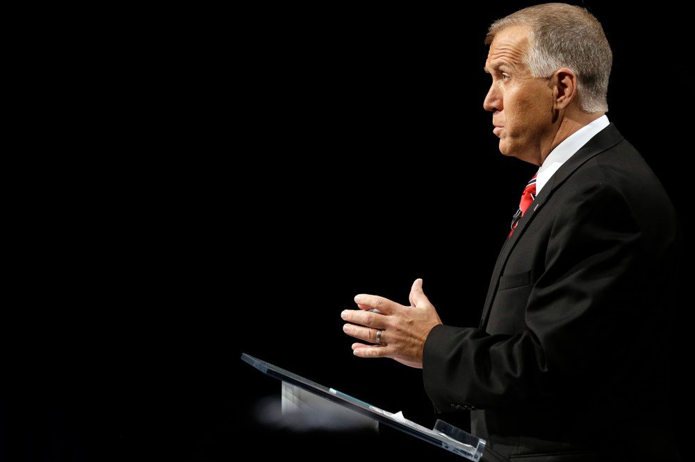 North Carolina Republican Senate candidate Thom Tillis speaks during a debate with Sen. Kay Hagan, D-N.C. at UNC-TV studios in Research Triangle Park, N.C. on Oct. 7, 2014. (Photo by Gerry Broome/Pool/AP)