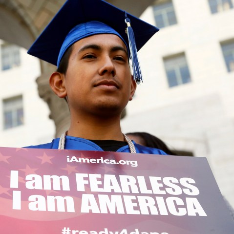 Immigrant Jose Montes attends an event on Deferred Action for Childhood Arrivals, DACA and Deferred Action for Parental Accountability, DAPA, part of the immigration relief program, downtown Los Angeles, Calif., Feb. 17, 2015. (Photo by Nick Ut/AP)