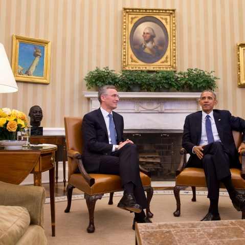 President Barack Obama meets with NATO Secretary General Jens Stoltenberg in the Oval Office of the White House in Washington, April 4, 2016. (Photo by Jacquelyn Martin/AP)