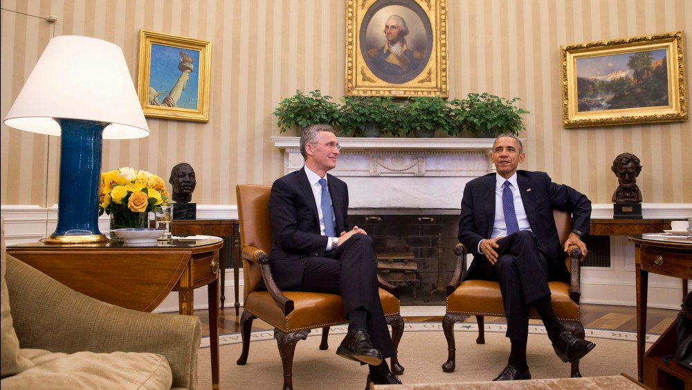 President Barack Obama meets with NATO Secretary General Jens Stoltenberg in the Oval Office of the White House in Washington, April 4, 2016. (Photo by Jacquelyn Martin/AP)
