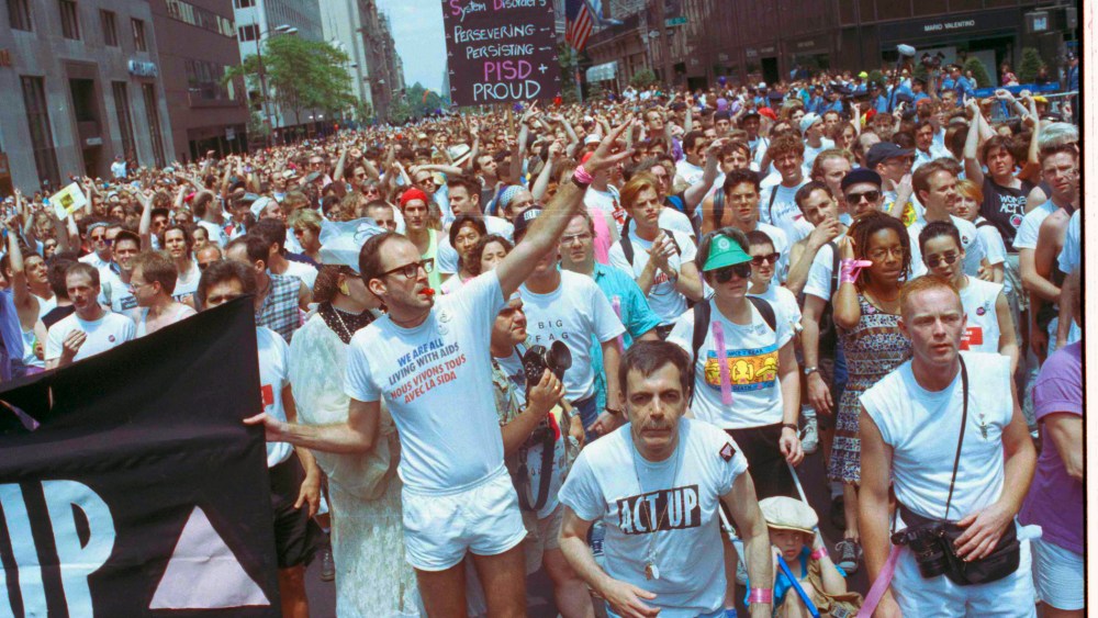 Members of ACT-UP march in New York's annual Gay Pride Parade, June 25, 1990. (Photo by Joseph F. Major/AP)