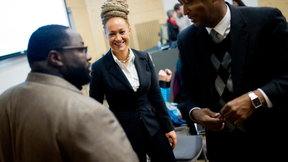 Rachel Dolezal, Spokane's NAACP President, meets with Joseph M. King of King's Consulting, left, and Dr. Scott Finnie, director and senior prof. of EWU's Africana Education Program, Jan. 16, 2015. (Photo by Tyler Tjomsland/The Spokesman-Review/AP)