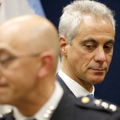 Chicago Mayor Rahm Emanuel, right, waits for interim Chicago Police Superintendent John Escalante to join him in departing a news conference, Dec. 7, 2015, in Chicago. (Photo by Charles Rex Arbogast/AP)