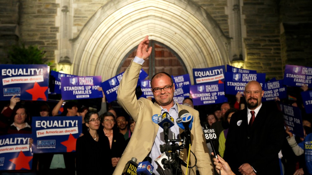 Troy Stevenson, executive director of Garden State Equality, talks during a news conference outside of First Congregational Church in Montclair, N.J., Oct. 21, 2013.