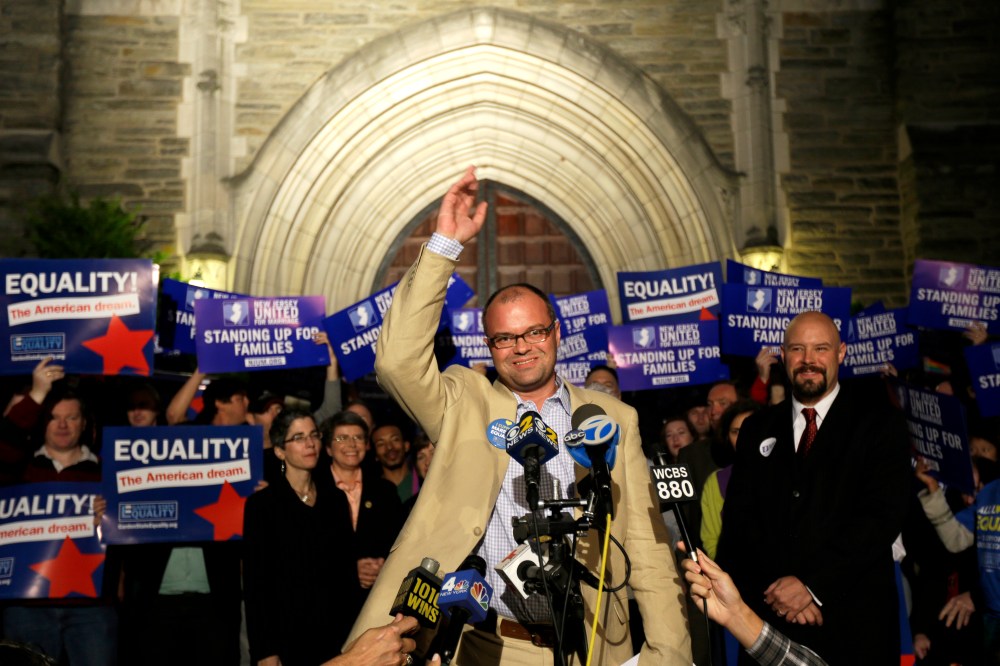 Troy Stevenson, executive director of Garden State Equality, talks during a news conference outside of First Congregational Church in Montclair, N.J., Oct. 21, 2013.