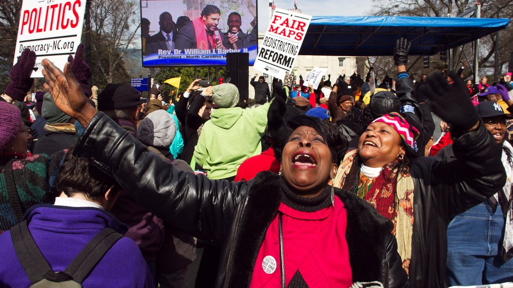 Kathy Jones reacts during the closing remarks by Rev. William Barber during the "Moral March on Raleigh" in Raleigh, N.C. on Feb. 8, 2014.