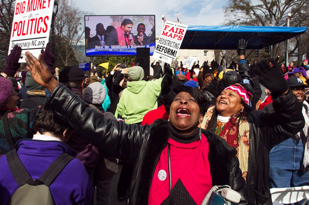 Kathy Jones reacts during the closing remarks by Rev. William Barber during the "Moral March on Raleigh" in Raleigh, N.C. on Feb. 8, 2014.