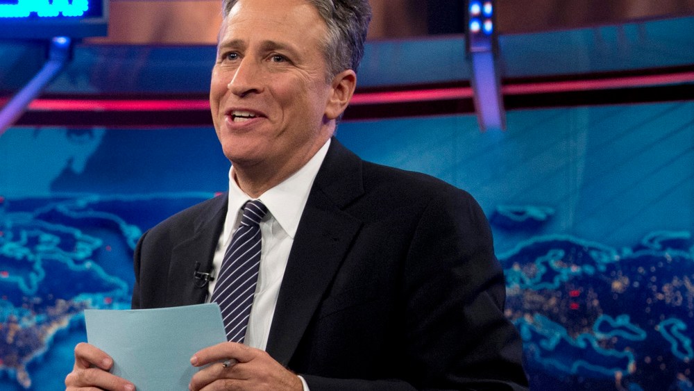 Jon Stewart speaks during a taping of "The Daily Show with Jon Stewart," in New York in 2012.