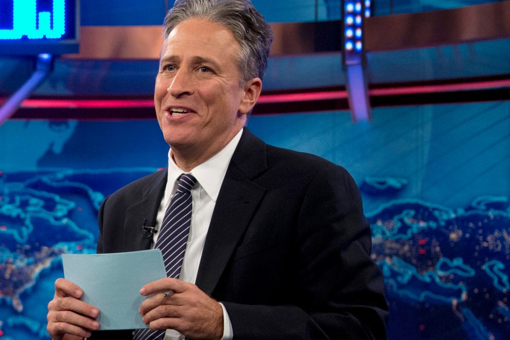 Jon Stewart speaks during a taping of "The Daily Show with Jon Stewart," in New York in 2012.