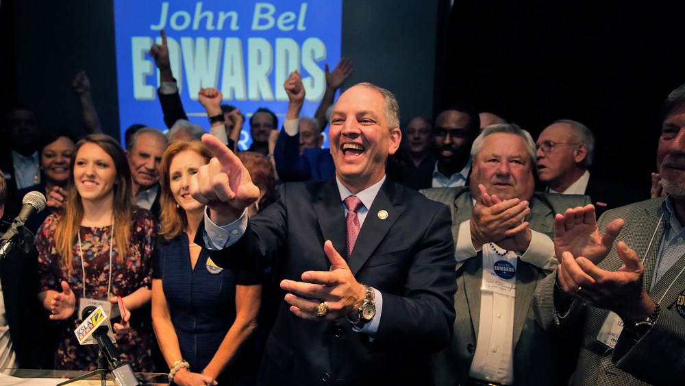 Democratic state Rep. John Bel Edwards addresses supporters at the Lyceum Dean Ballroom in Baton Rouge, La., Oct. 24, 2015, after advancing to a runoff in the Louisiana governor's race. (Photo by Ted Jackson/NOLA.com /The Times-Picayune/AP)