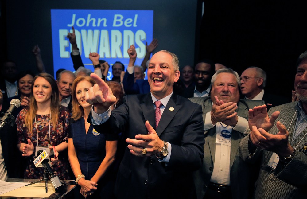 Democratic state Rep. John Bel Edwards addresses supporters at the Lyceum Dean Ballroom in Baton Rouge, La., Oct. 24, 2015, after advancing to a runoff in the Louisiana governor's race. (Photo by Ted Jackson/NOLA.com /The Times-Picayune/AP)