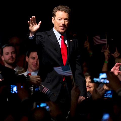 Sen. Rand Paul, R-Ky. arrive to a cheering and photo taking crowd for his announcement of the start of his presidential campaign, April 7, 2015, at the Galt House Hotel in Louisville, Ky. (Photo by Carolyn Kaster/AP)