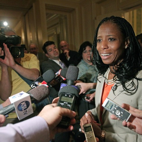Republican Mia Love candidate for Utah's 4th Congressional District responds to questions from the media following the annual conference of the Utah Taxpayers Association, May 20, 2014, in Salt Lake City. (Photo by Rick Bowmer/AP)