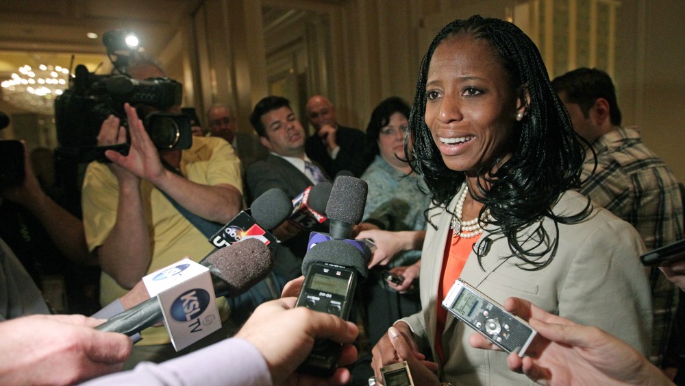 Republican Mia Love candidate for Utah's 4th Congressional District responds to questions from the media following the annual conference of the Utah Taxpayers Association, May 20, 2014, in Salt Lake City. (Photo by Rick Bowmer/AP)