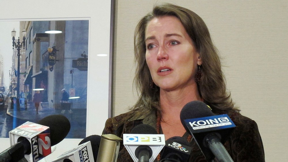 Cylvia Hayes, fiancee of Oregon Gov. John Kitzhaber, speaks at a news conference in Portland, Ore. on Oct. 9, 2014. (Photo by Gosia Wozniacka/AP)