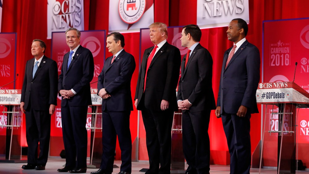 Republican presidential candidates take the stage before the CBS News Republican presidential debate at the Peace Center, Feb. 13, 2016, in Greenville, S.C. (Photo by John Bazemore/AP)
