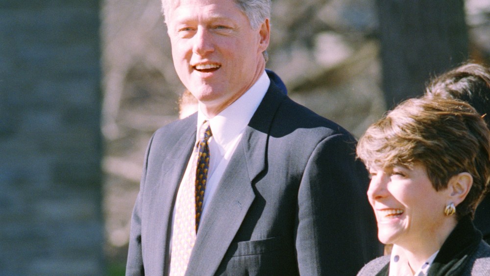File Photo: U.S. Rep. Marjorie Margolies-Mezvinsky, D-Pa., right, walks with U.S. President Bill Clinton after a conference on the skyrocketing cost of government entitlement programs, at Bryn Mawr College in Bryn Mawr, Pa., Monday, Dec. 13, 1993. ...