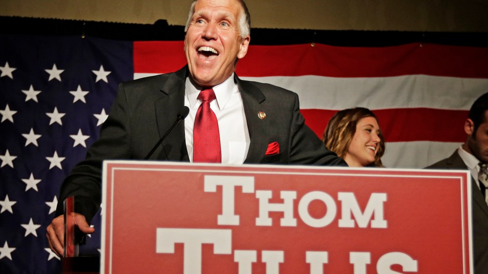 Thom Tillis speaks to supporters at a election night rally in Charlotte, N.C., after winning the Republican nomination for the U.S. Senate Tuesday, May 6, 2014.