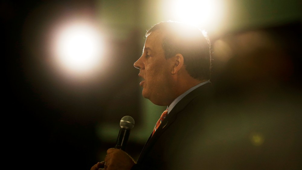 New Jersey Gov. Chris Christie, center right, addresses a gathering at a town hall meeting Wednesday, June 25, 2014, in Haddon Heights, N.J.
